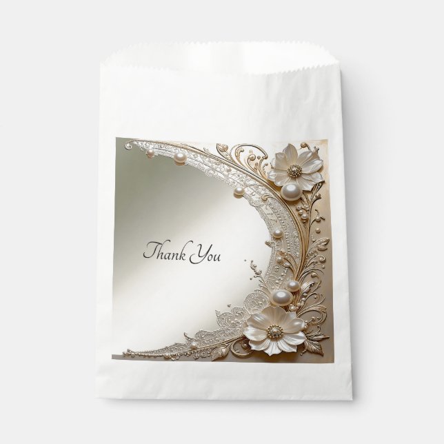 Modern White Flowers Pearls Favour Bag (Front)