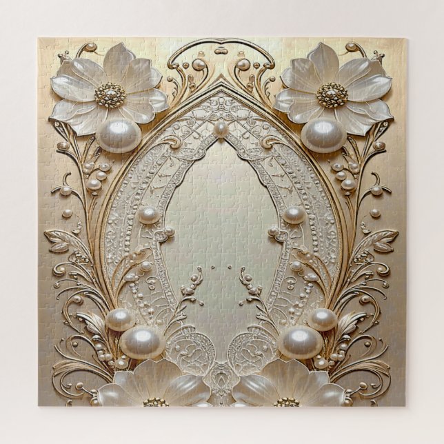 Modern White Flowers Pearls Jigsaw Puzzle (Vertical)