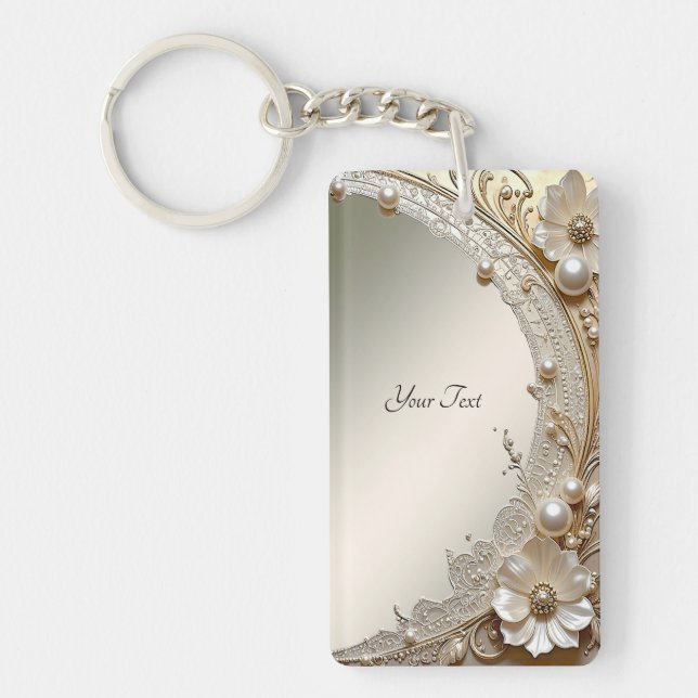 Modern White Flowers Pearls Keychain (Front)