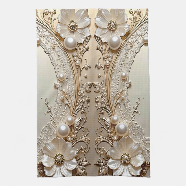 Modern White Flowers Pearls Kitchen Towel (Vertical)