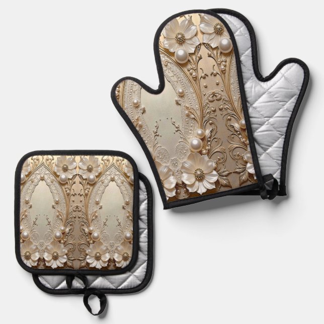 Modern White Flowers Pearls Oven Mitt & Pot Holder Set (Front/Back)