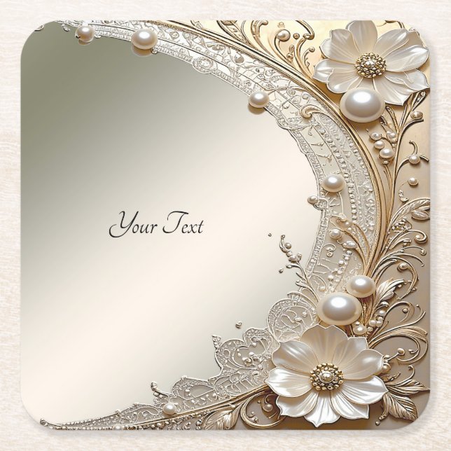 Modern White Flowers Pearls Paper Coaster (Front)