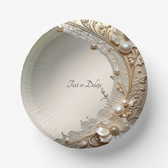 Modern White Flowers Pearls Paper Plate (Front)