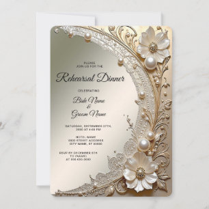 Modern White Flowers Pearls Rehearsal Dinner Invitation