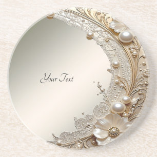 Modern White Flowers Pearls Sandstone Coaster
