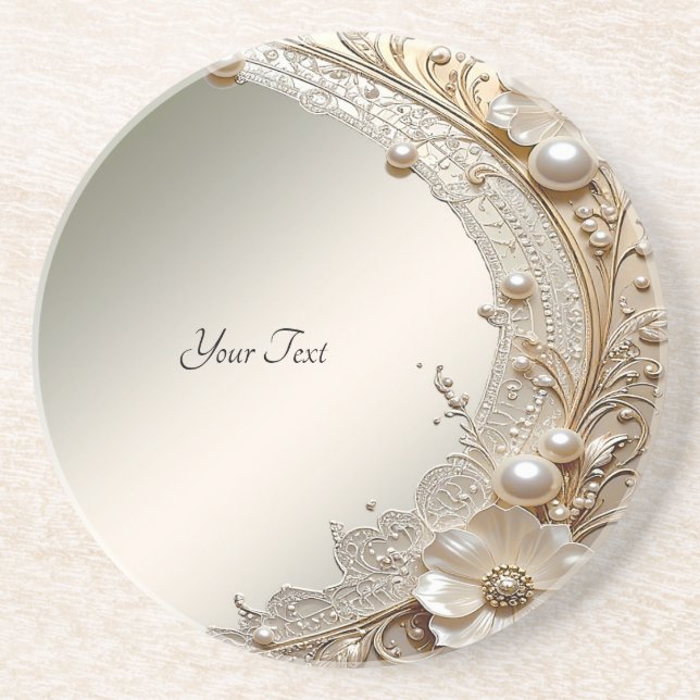 Modern White Flowers Pearls Sandstone Coaster (Front)