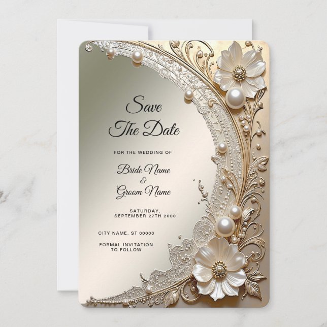 Modern White Flowers Pearls Save the Date (Front)