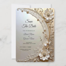 Modern White Flowers Pearls Save the Date