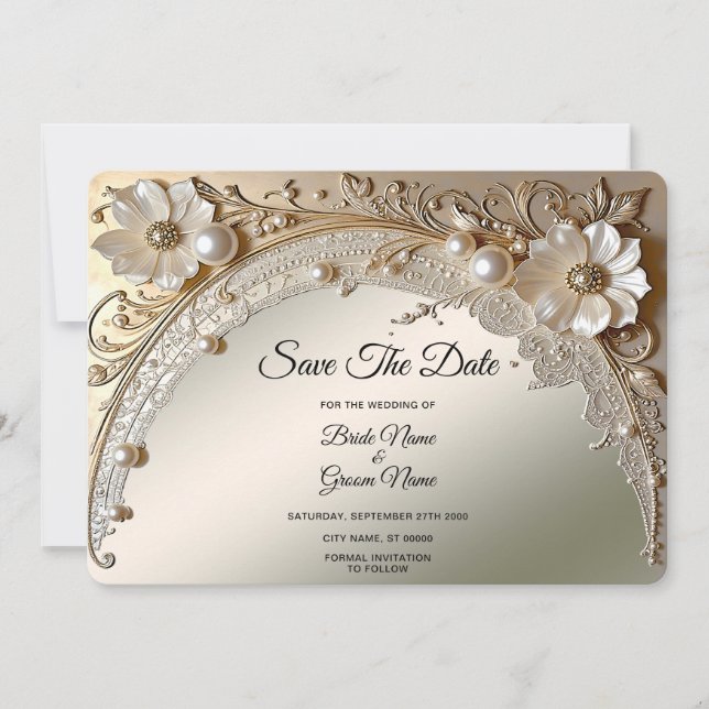 Modern White Flowers Pearls Save The Date (Front)