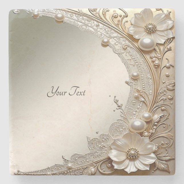 Modern White Flowers Pearls Stone Coaster (Front)