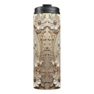 Modern White Flowers Pearls Thermal Tumbler