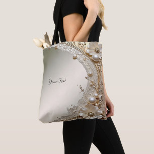 Modern White Flowers Pearls Tote Bag