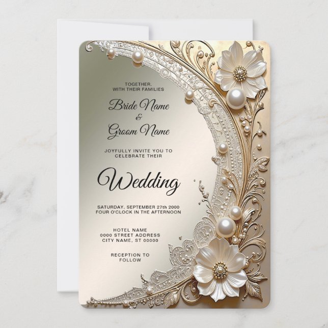 Modern White Flowers Pearls Wedding Invitation (Front)