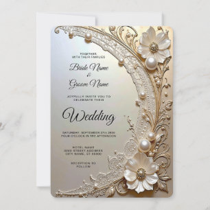 Modern White Flowers Pearls Wedding Invitation