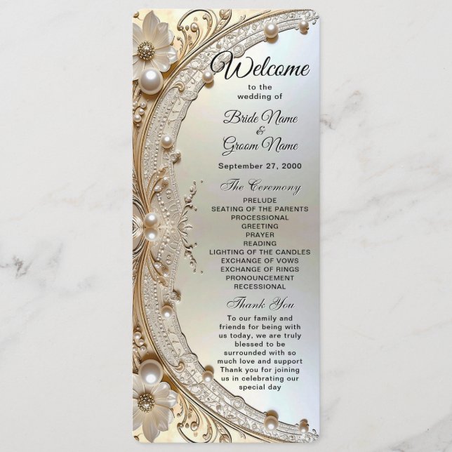 Modern White Flowers Pearls Wedding Program Programme (Front)