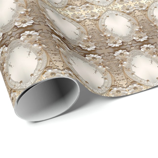 Modern White Flowers Pearls Wrapping Paper (Roll Corner)