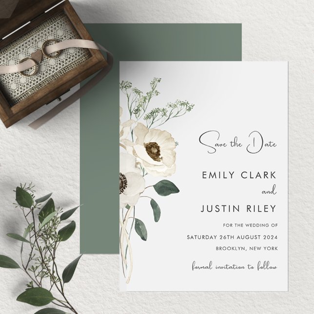 Modern White Flowers Save the Date Wedding Invitation (Creator Uploaded)