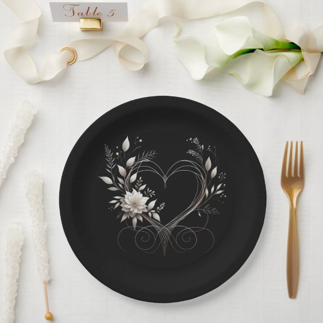 Modern White Flowers with a Heart Paper Plate (Wedding)