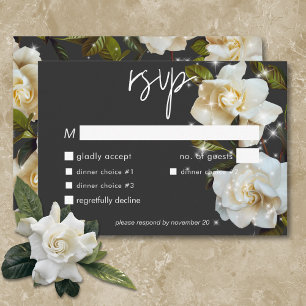 Modern White Gardenias on Black Sparkle Dinner RSVP Card