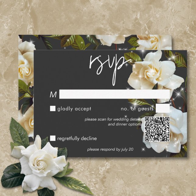 Modern White Gardenias on Black Sparkle QR Code RSVP Card (Modern White Gardenias on Black Sparkle QR Code RSVP Card)