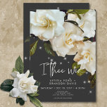 Modern White Gardenias on Black Sparkle Wedding Invitation<br><div class="desc">Introducing our enchanting wedding invitation. Delicately crafted on a charcoal black backdrop, this invitation exudes modern elegance with a touch of whimsy. Adorned with shimmering stars and glittering accents, it captures the magic of a starlit garden soirée or an enchanted holiday ceremony. The pristine white gardenia petals add a dash...</div>