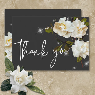 Modern White Gardenias on Black Sparkle Wedding Thank You Card