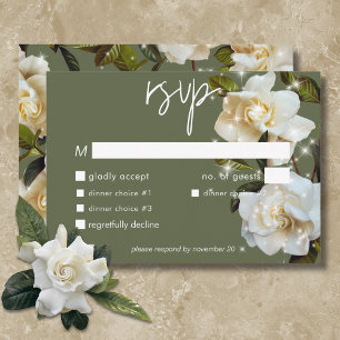Modern White Gardenias on Sage Sparkle Dinner RSVP Card