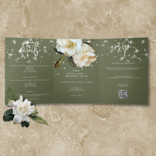 Modern White Gardenias on Sage Sparkle Wedding Tri-Fold Invitation