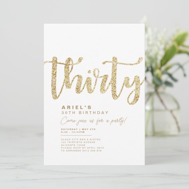 Modern White & Gold 30th Birthday Invitation (Standing Front)