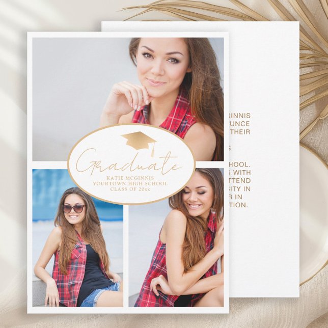 Modern White Gold 3-Photo Graduation  Announcement (White and gold 4 photo graduation announcement)