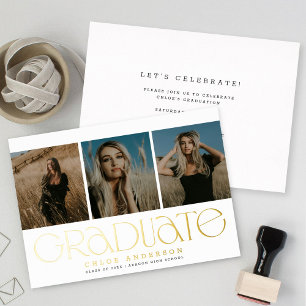 Modern White Gold 3 Photo Graduation Announcement