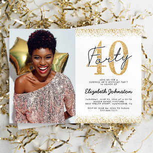 Modern White Gold 40th Birthday Photo Invitation