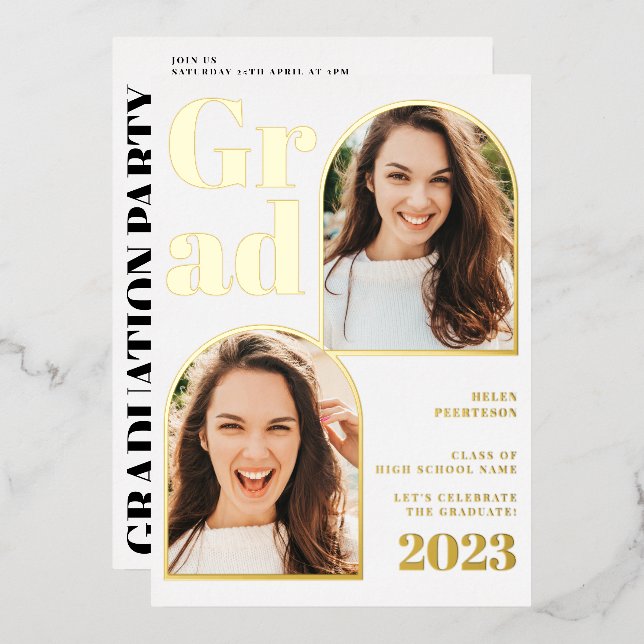 Modern white gold arch 3 photos graduation (Front/Back)