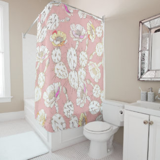 Modern White Gold Blush Pink Catus Floral Pattern Shower Curtain