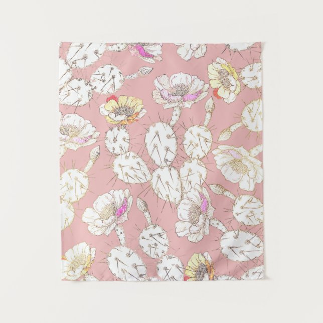 Modern White Gold Blush Pink Catus Floral Pattern Tapestry (Front)