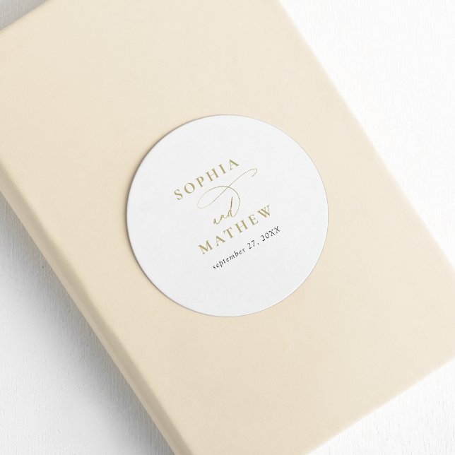 Modern White Gold Calligraphy Wedding Classic Round Sticker (Creator Uploaded)