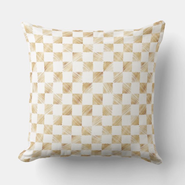 Modern White Gold Chequerboard Pattern Cushion (Front)