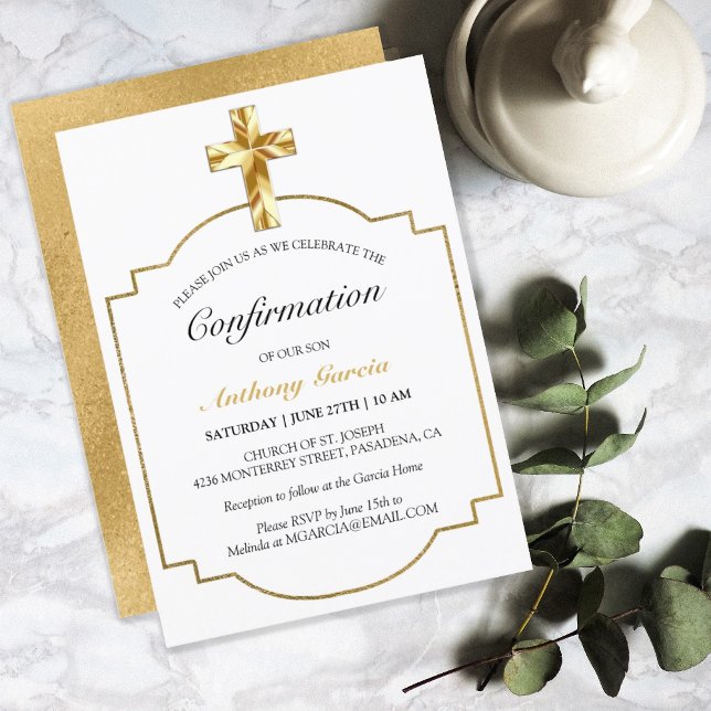 Modern White Gold Cross Boys Confirmation  Invitation (Creator Uploaded)