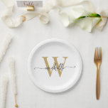 Modern White Gold Custom Monogram Name Script  Paper Plate<br><div class="desc">Girly Modern Simple Elegant White and Gold Monogram Initial Name Signature Script Custom Personalised Paper Plates. This design featuring your first name in a pretty hand lettered style swash tail font typography (or calligraphy) with monogram initial in gold and black on white colour background. These are easy to customise it....</div>