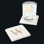 Modern White Gold Custom Monogram Name Script  Stone Coaster<br><div class="desc">Girly Modern Elegant White and Gold Monogram Initial Name Signature Script Custom Personalised Stone Coaster. This design featuring your first name in a pretty hand lettered style swash tail font typography (or calligraphy) with monogram initial in gold and black on white colour background. These are easy to customise it. Great...</div>
