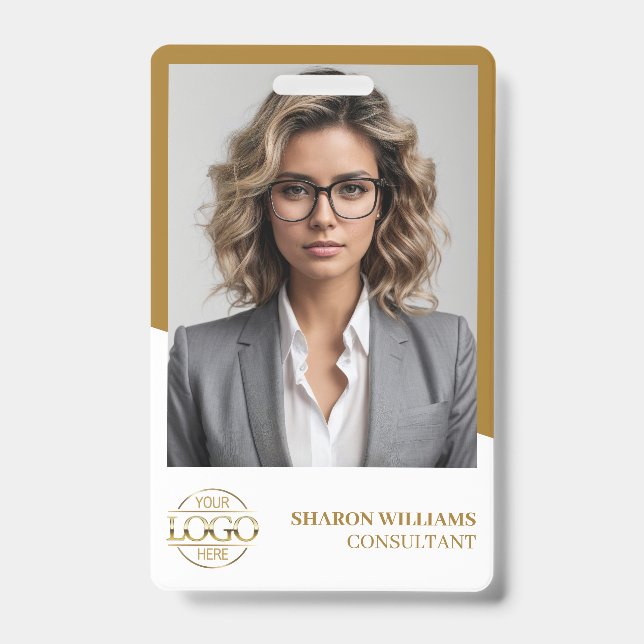 Modern White Gold Employee Photo & Company Logo ID Badge (Front)