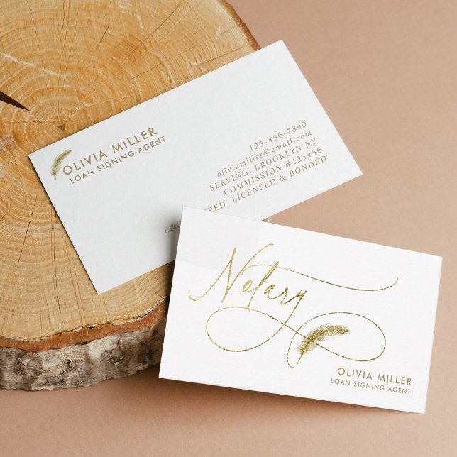 Modern White Gold Feather Script Notary Loan Agent Business Card (Creator Uploaded)