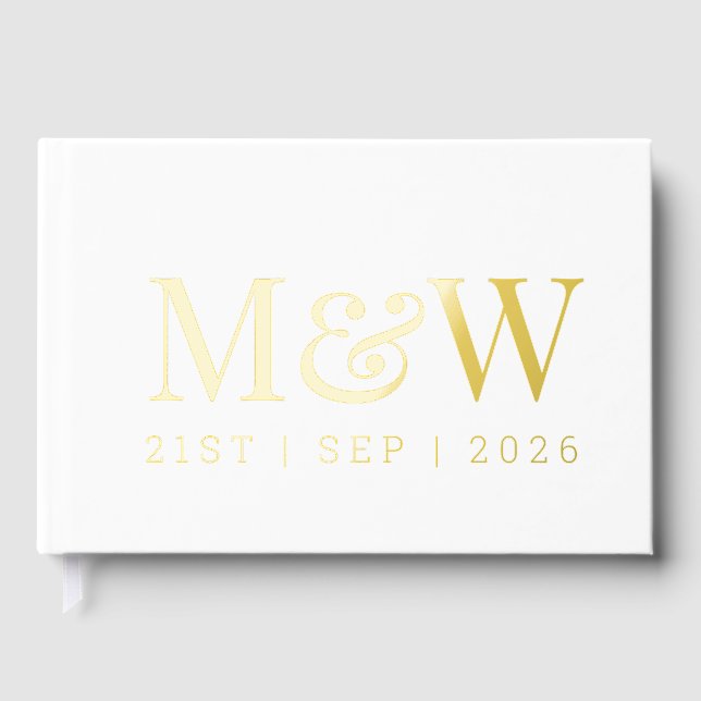 Modern White Gold Foil Monogram Initials Wedding Guest Book (Front)