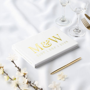 Modern White Gold Foil Monogram Initials Wedding Guest Book