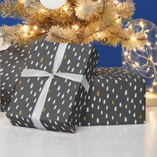 Modern White Gold Grey Simple Trees Pink Christmas Wrapping Paper