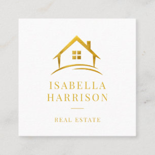 Modern White Gold House Logo Real Estate Agent Square Business Card