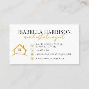 Modern White Gold House Logo Real Estate Business Card