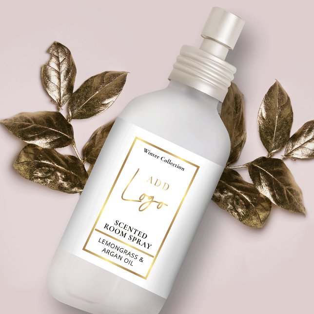 Modern White & Gold Logo Room Spray Bottle Label (Minimal white and faux gold room or linen spray bottle wrap around label design)