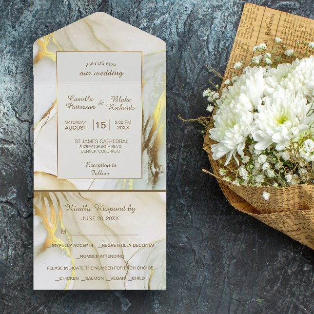 Modern White Gold Marble Elegant Wedding All In One Invitation (Creator Uploaded)