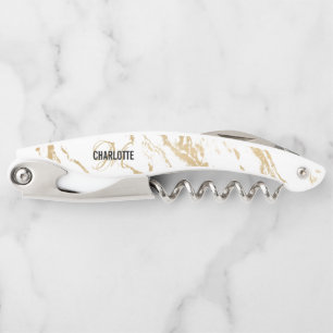 Modern white gold marble monogram name  corkscrew